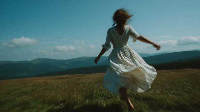 A woman in a flowing dress runs joyfully across a grassy field under a clear blue sky. - Powered by Adobe