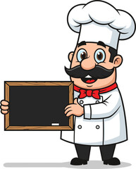 Cartoon chef character, holding blank chalkboard, white hat, mustache, red bowtie, restaurant signage, culinary mascot, food service, vector illustration