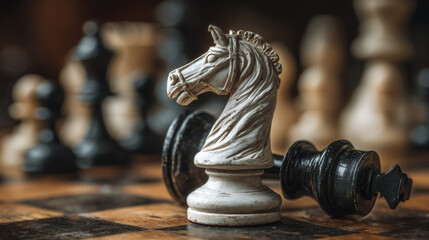 Pieza de caballo de ajedrez junto a rey derribado sobre el tablero