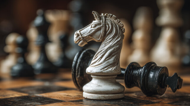 Pieza de caballo de ajedrez junto a rey derribado sobre el tablero