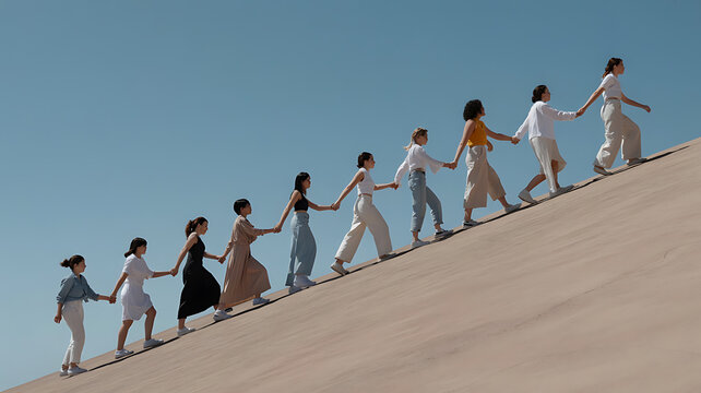Group of people hand-in-hand, ascending a slope. Community striving upward.
