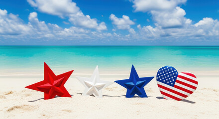 Naklejka premium Festive american stars and heart decorations on a sandy beach with turquoise ocean and blue sky