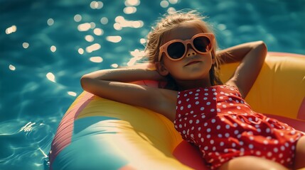Child Relaxing on Floating Ring in Swimming Pool Under Bright Sunlight During Summer Afternoon.