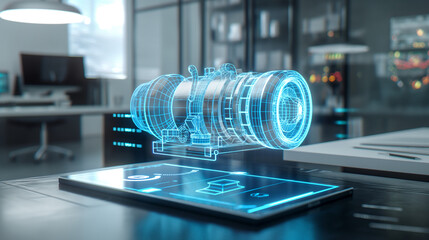 Futuristic jet engine hologram projected from tablet. Advanced CAD model in tech lab. Ideal for aerospace, engineering, and innovation applications.