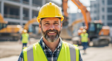 Fototapeta premium Smiling construction worker wearing a yellow hard hat and high visibility vest on a busy job site