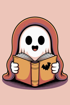 A cute ghost wrapped in a reddish-brown cloak holds an open book featuring a bat silhouette on its page