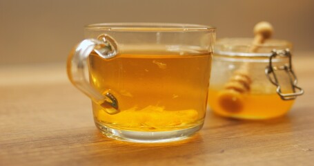 Warm tea infused with honey from jar and swirling pieces of lemon in transparent cup. Aromatic...