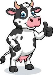 Cartoon cow character, thumbs up pose, black and white spots, blue eyes, pink udder, farm animal mascot, vector illustration, cheerful style