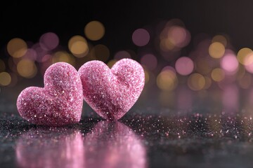 Obraz premium Two pink glitter hearts, close-up, on a dark, reflective surface with bokeh