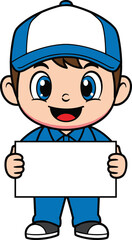Cartoon delivery boy character, blue uniform, white cap, holding blank sign, cheerful pose, promotional mascot, vector illustration, friendly service icon