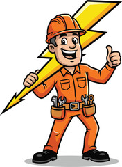 Cartoon electrician, orange uniform, lightning bolt, thumbs up, safety helmet, tool belt, confident pose, electricity vector, handyman illustration, smiling character