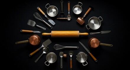Kitchen tools arranged on dark surface