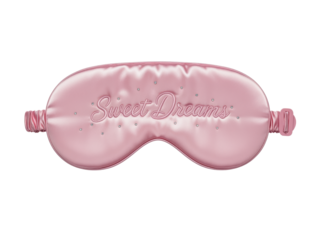 Pink satin sleep mask with sweet dreams text
