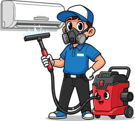 Cartoon HVAC technician cleaning air conditioner, wearing safety gear, holding tools, professional service illustration for appliance repair, maintenance and hygiene