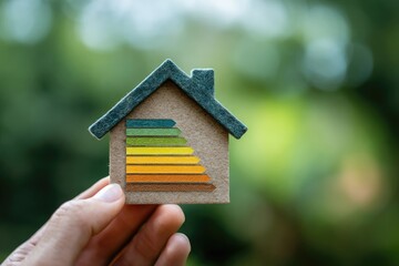 Hand holding a small wooden house model with energy efficiency rating