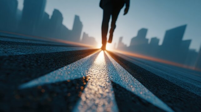Individual walking towards the city skyline during sunrise with a clear pathway in focus