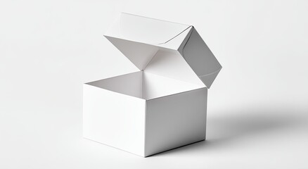 Fototapeta premium An open, white cardboard box on a plain white background. The box is square and has a simple, folded-flap lid