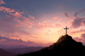 Lonely Cross on Mountain at Dusk
