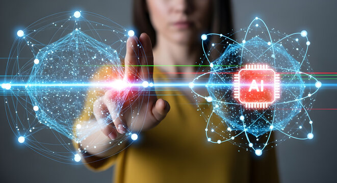 Woman Interacting with Artificial Intelligence AI Technology Network