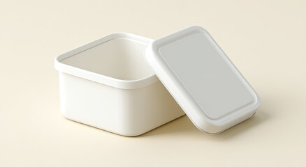 Empty, square, white plastic food container, lid open
