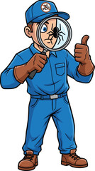 Cartoon pest control technician in uniform holding magnifying glass and giving thumbs up for insect inspection, exterminator service, sanitation and hygiene