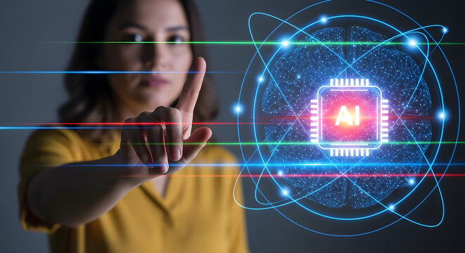 Artificial Intelligence Woman Touching Digital Network Circuit