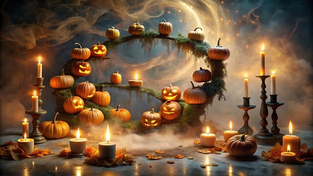 Intricate halloween display featuring carved pumpkins and candles on a decorative stand with smoky background