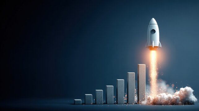 Rocket launches into the air above a growing bar graph symbolizing progress and innovation
