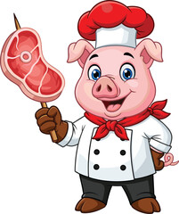 Cartoon pig chef holding grilled meat skewer, smiling in red uniform, fun barbecue illustration for restaurant menu, food branding and humor