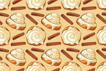 Seamless Pattern with Cinnabon color sketch on beige background, Pastry sweet bakery. Bun with cinnamon stick. Vector bun with icing Repeated background for wallpaper, wrapping, textile, scrapbooking