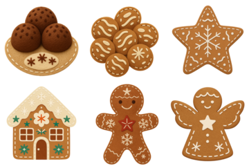 Set of Scandinavian felt gingerbread christmas decor cookies – gingerbread man, star, angel, house & biscuit plate – handmade wool-felt applique icons, isolated