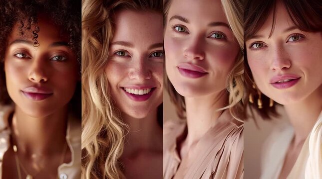 Group of four diverse women with varying hairstyles and expressions, showcasing natural beauty and confidence
