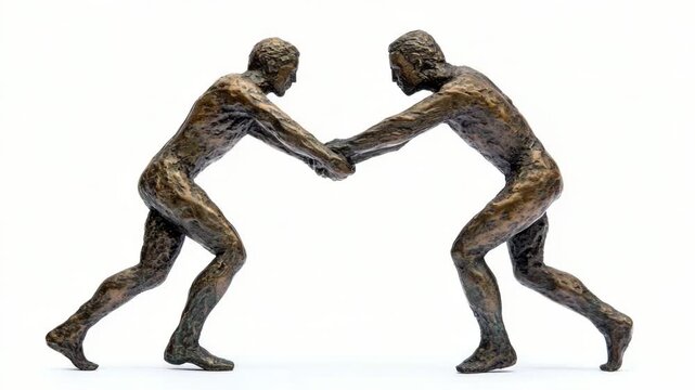 Statue depicting two men embracing with their hands clasped together, symbolizing love and unity