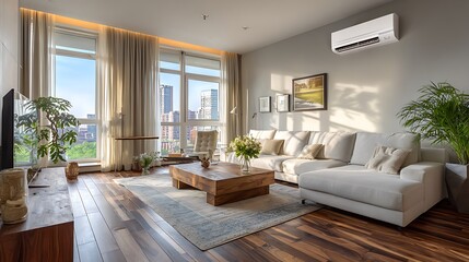 Fototapeta premium Bright living room with white couch, wood floors, and large windows with city view