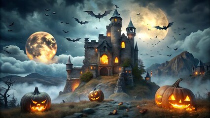 A spooky haunted castle on a hill under a full moon with bats flying in the dark, cloudy sky and glowing jackolanterns