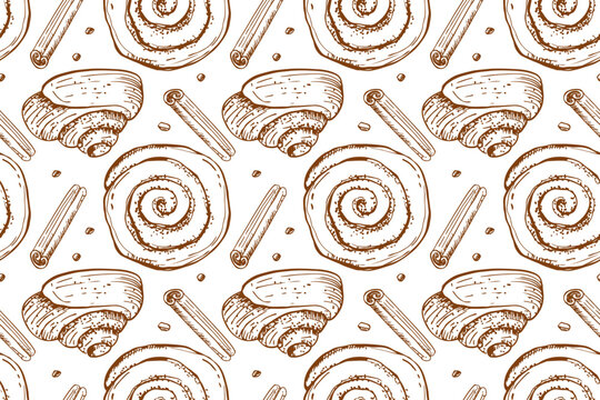 Seamless pattern of cinnamon roll and cinnamon sticks in doodle sketch style. Vector bakery foods, sweet nutrition snack. Repeated background for wallpaper, wrapping, packing, textile, scrapbooking.