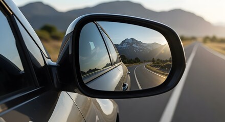 Mountains reflected in a car's side-view mirror on a road at sunset, concept of travel, journey, and looking back at the past.