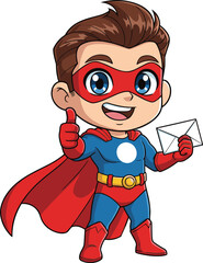 Cartoon superhero character, holding envelope, thumbs up, red cape, blue costume, comic illustration, cheerful pose, child-friendly, vector design, playful