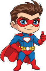 Cartoon superhero character in blue and red costume, thumbs up pose, cape, comic style illustration, confident hero, isolated vector stock