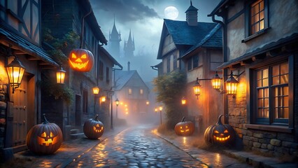 Spooky halloween street scene with glowing jackolanterns, fog, and ancient buildings under a full moon
