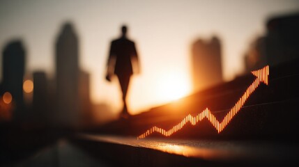 Businessman walking towards a sunset with a financial growth chart in the foreground
