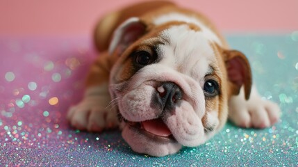 Charming close-up of a playful bulldog puppy lying on a vibrant, sparkling background. Perfect for pet-themed content or decor.