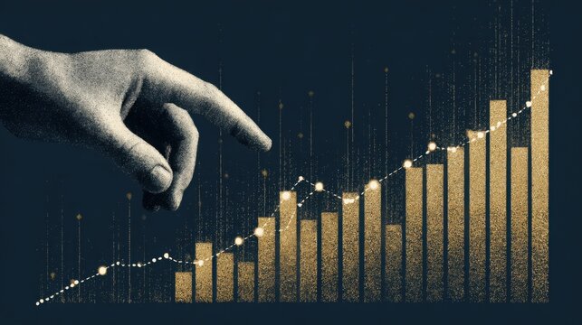 Progress in data analysis illustrated by a hand pointing toward a growing bar graph - Powered by Adobe