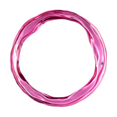 Vibrant pink liquid forms a dynamic, flowing ring shape with captivating motion and shimmering highlights