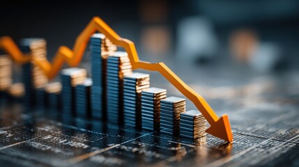 Financial chart showing decline in market trends with metal coins in focus