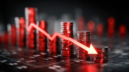 Market decline represented by falling cryptocurrency value and decreasing trade volume