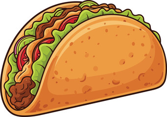 Cartoon taco illustration with fresh ingredients, colorful Mexican food design, perfect for menus, culinary blogs, advertisements, recipes and branding art