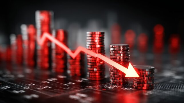 Market decline represented by falling cryptocurrency value and decreasing trade volume