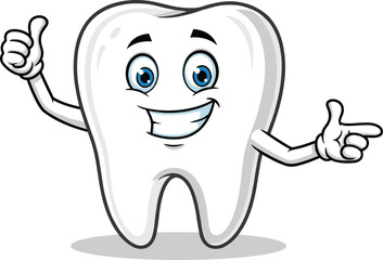 Cartoon tooth character, big blue eyes, wide smile, thumbs up gesture, pointing hand, white enamel, dental mascot, isolated design, friendly expression, vector art