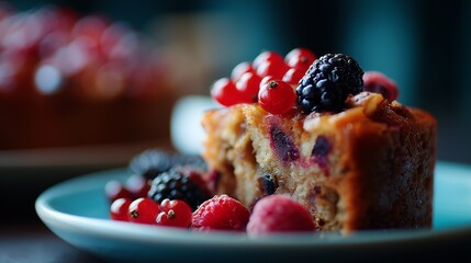 Close-up of a slice of berry cake with assorted fresh berries served on a blue plate, ideal for dessert.